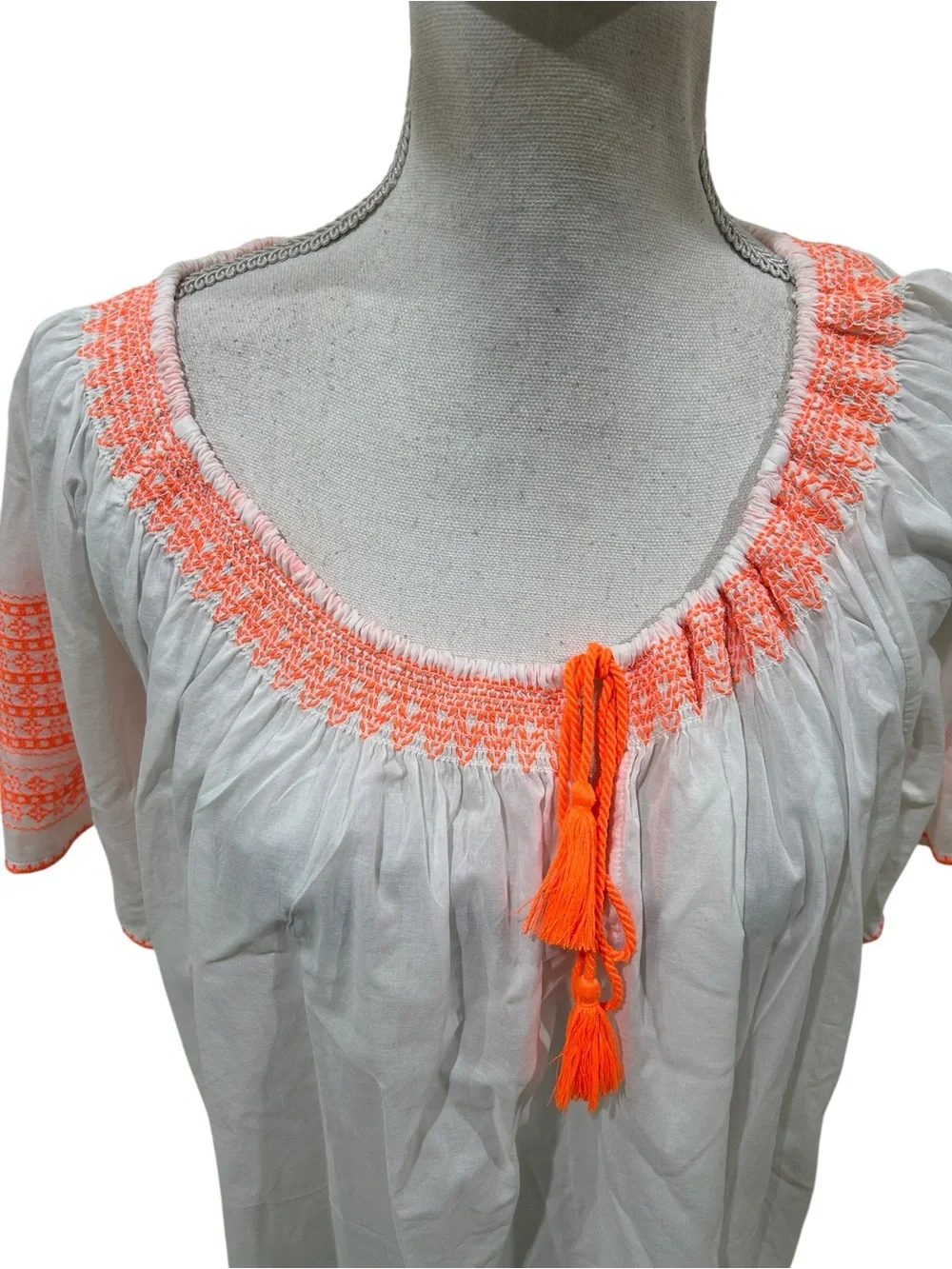J crew White Peasant mini dress beach Coral Embroidered Neckline tassel medium
